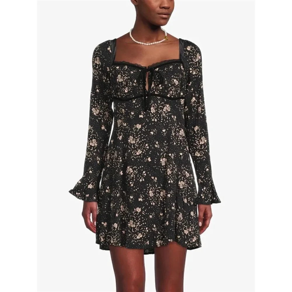 NWT Free People Tess Floral Print Long Sleeve Mini Dress in Black Combo, Size XS